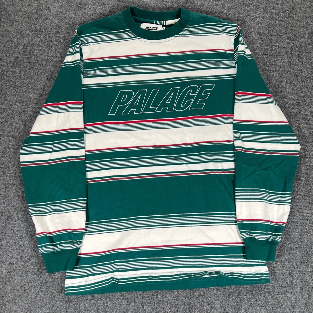 Palace Skateboards Mens Striped Long Sleeve T-Shirt Green White Red Logo Medium